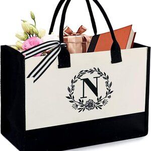 Monogram Initial Canvas Bag with Inner Zipper Pocket Embroidery Personalized Bag